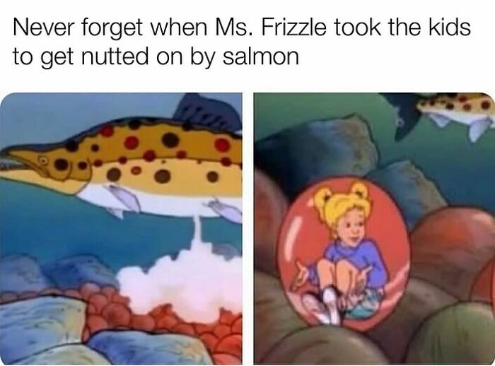 Nostalgic meme of cartoon scene with giant salmon and child in bubble.