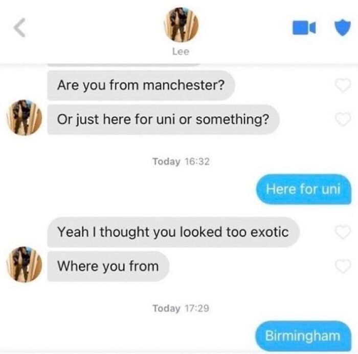 British chat screenshot discussing university location, mentioning Manchester and Birmingham.