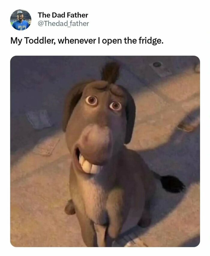 Animated donkey looking up humorously, captioned with a dad joke about a toddler and a fridge.