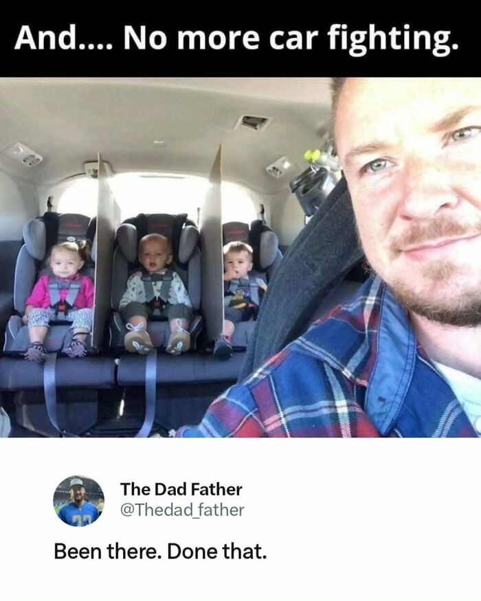 Dad in car with kids separated by dividers to avoid fighting, humorously depicting dad struggles and joys.