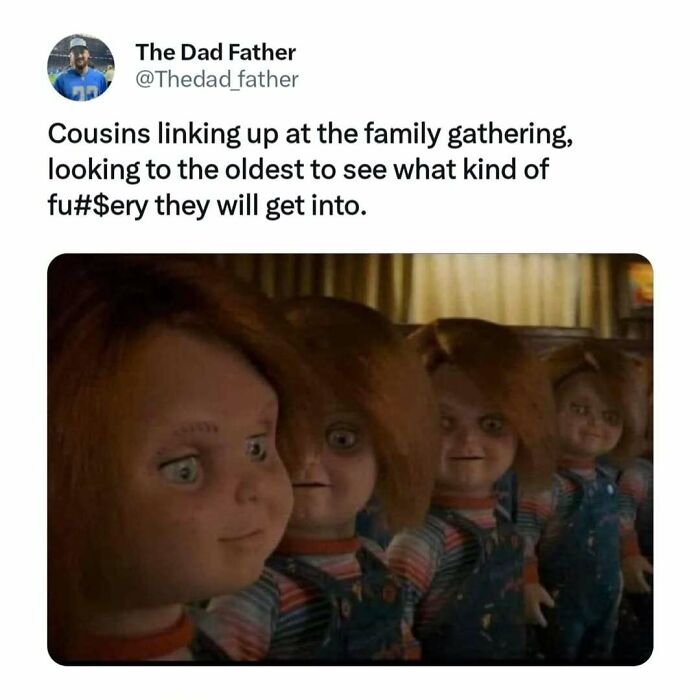 "Dad meme of cousins looking mischievous, referencing family gatherings and humorous fatherly struggles."