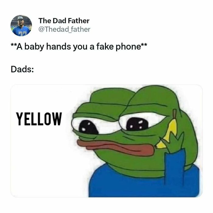 A meme of Pepe the Frog holding a banana like a phone, humorously representing dad struggles.