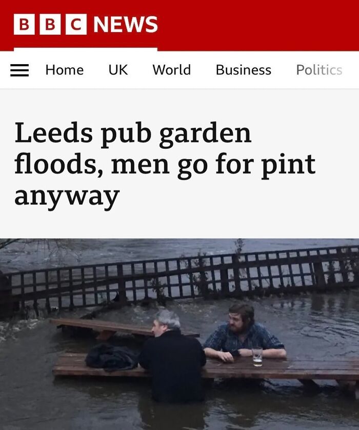 BBC News headline about Leeds pub garden flooding while men sit with pints in water, showcasing British humor.