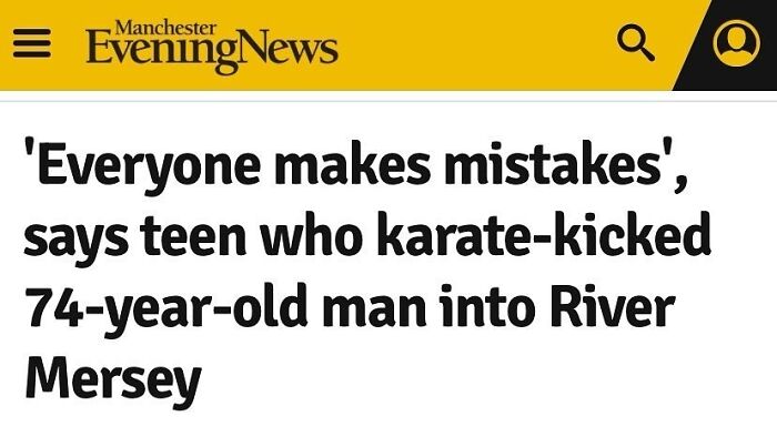 Manchester news headline about teen's karate kick incident involving a 74-year-old and River Mersey.