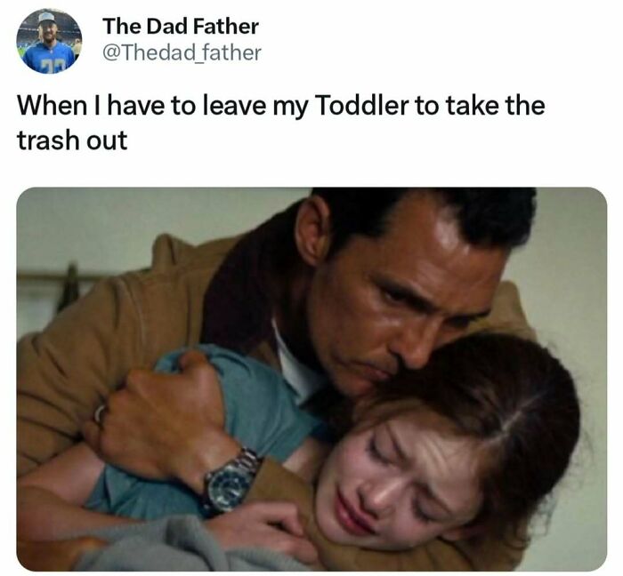 Dad meme showing a man hugging a crying child, humorously depicting parenting struggles.