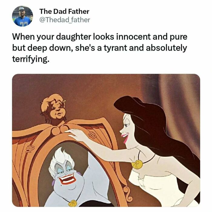 Cartoon woman pulling down Ursula mask, caption about daughters; funny dad meme depicting daily joys and struggles.