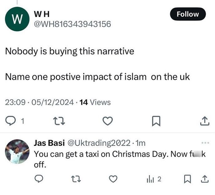 Social media post about British culture with humorous exchange on taxis and Christmas Day.