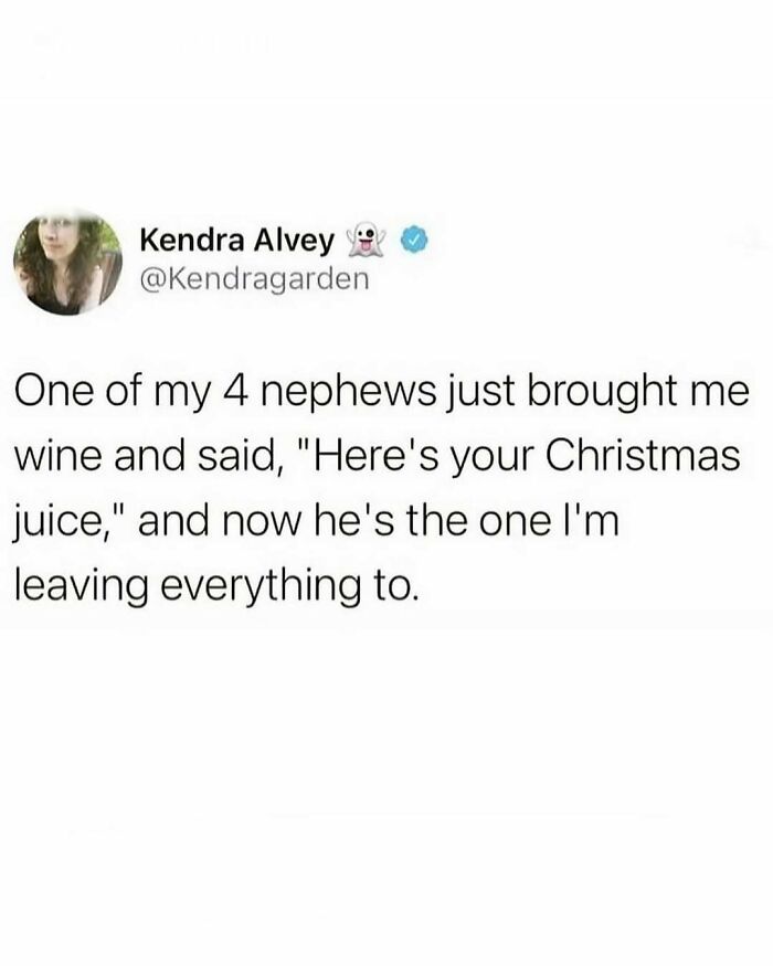 A humorous meme about a nephew bringing wine as "Christmas juice."