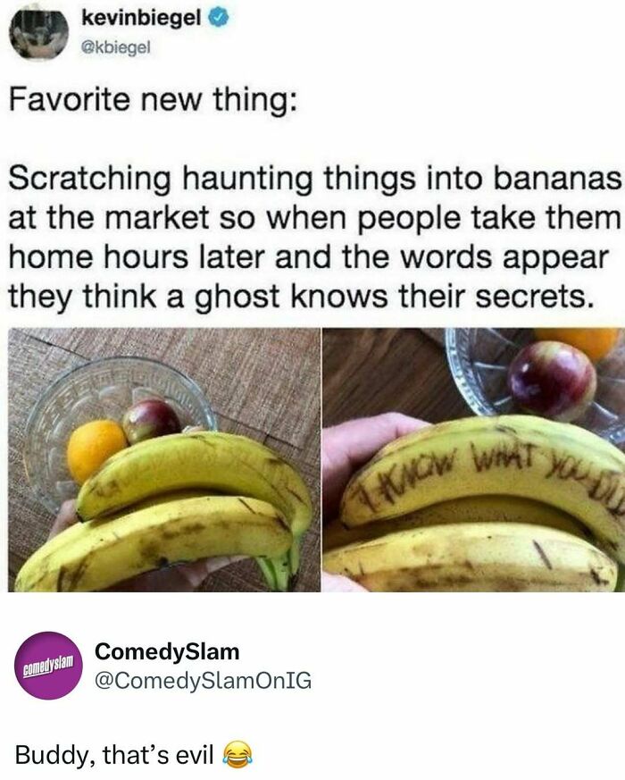 Banana with haunting message scratched on peel, part of a hilarious random meme collection.