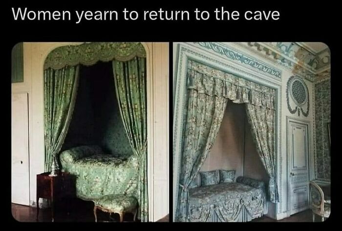 Vintage-style beds with green drapes, humor tailored for women, captioned: "Women yearn to return to the cave."