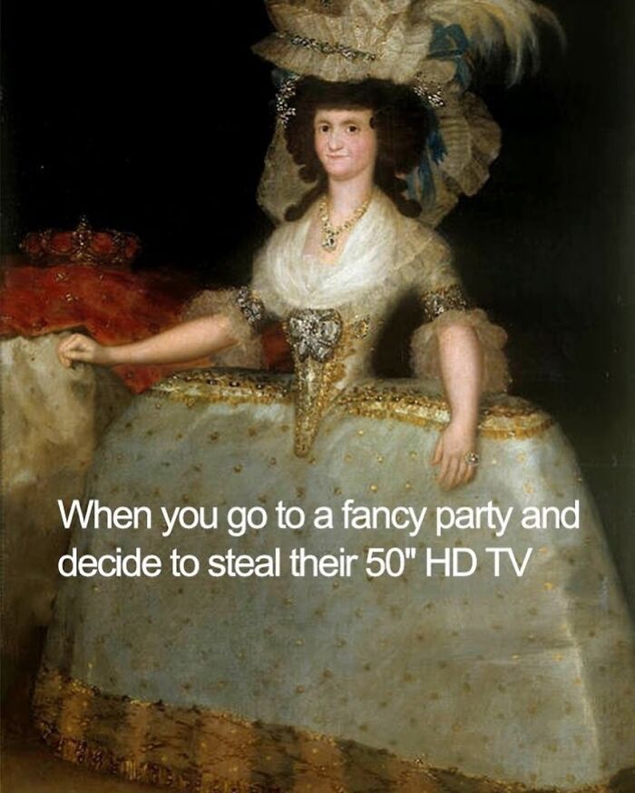 A British painting of a woman in an ornate dress with text humorously comparing it to hiding a TV.