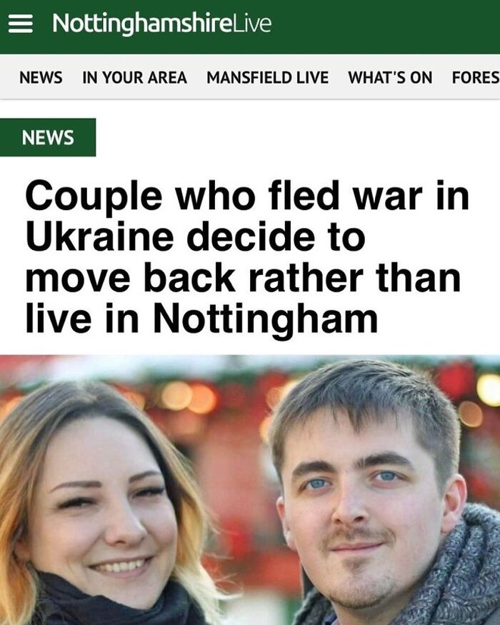 "NottinghamshireLive headline about couple leaving Nottingham, with two smiling individuals in winter attire."