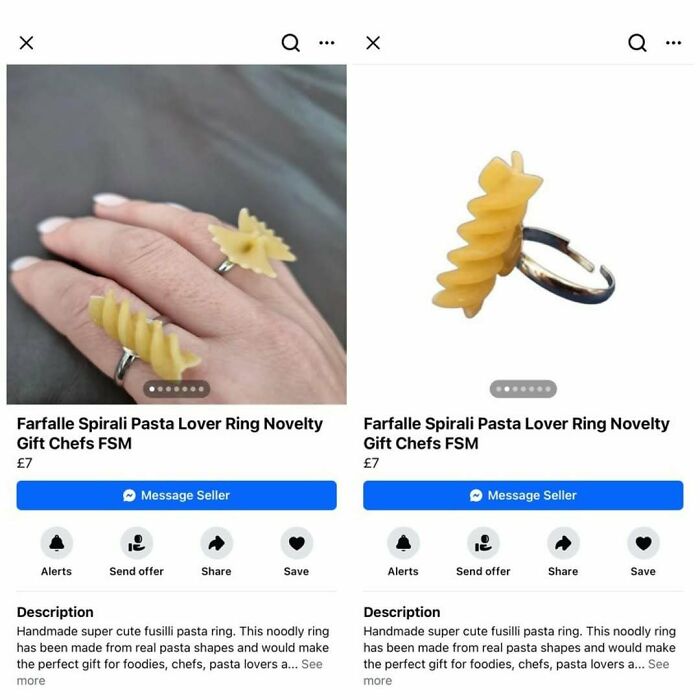 Pasta-shaped novelty ring listed on Facebook Marketplace, described as a gift for food enthusiasts.