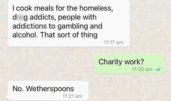 Text exchange about cooking for various groups, ending with a humorous mention of Wetherspoons. Confusing if not British.