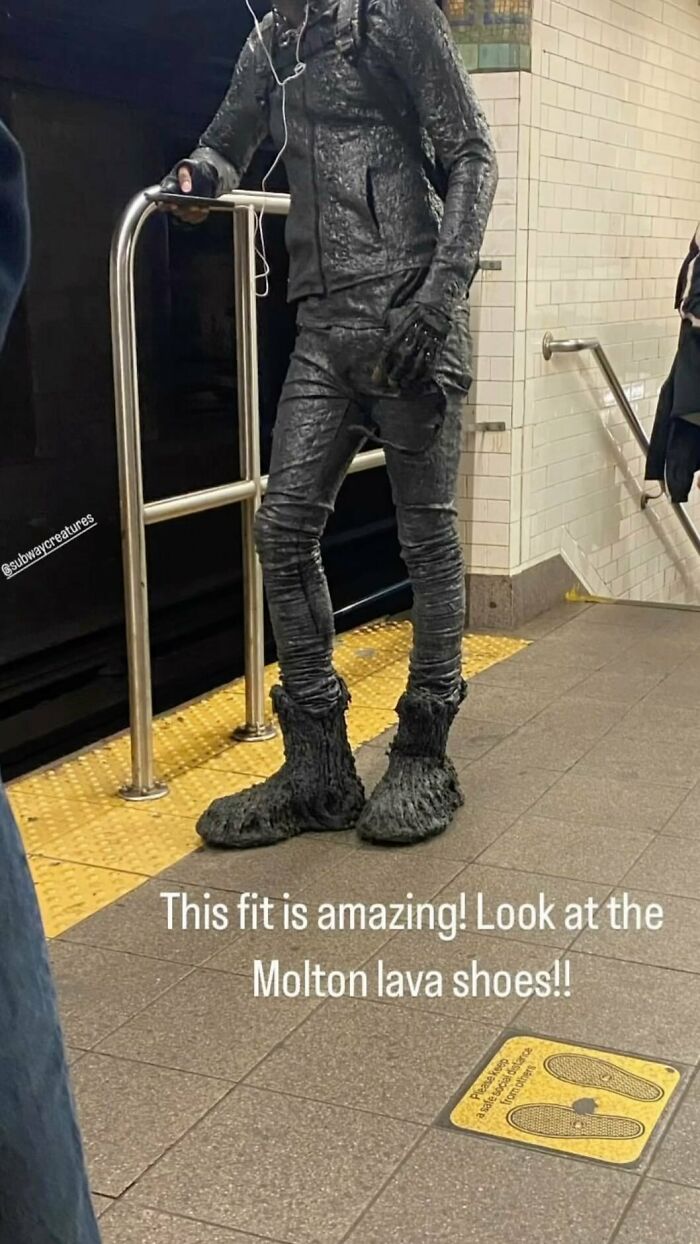 NYC local in daring fashion outfit and unique lava shoes on subway platform.