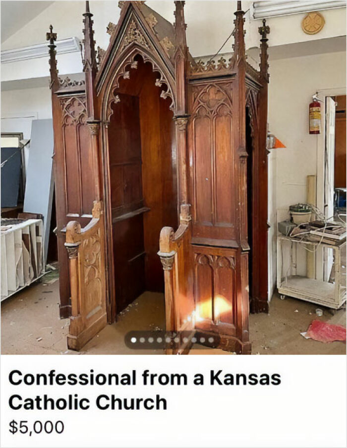 Ornate wooden confessional booth listed for $5,000 on Facebook Marketplace.