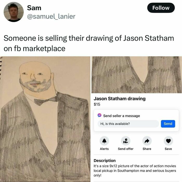 Drawing of a bald man in a suit listed for sale on Facebook Marketplace, priced at $15.