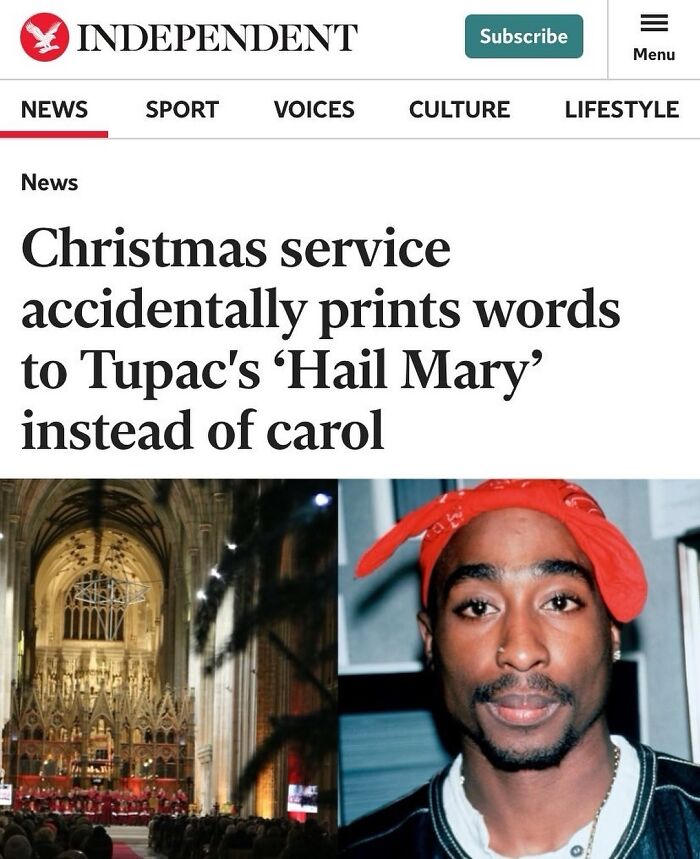 British newspaper headline about Tupac lyrics mistaken for a carol at a Christmas service.