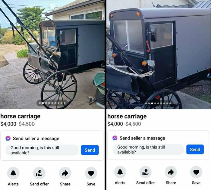 Horse carriage listed on Facebook Marketplace for $4,000, previously $4,500.