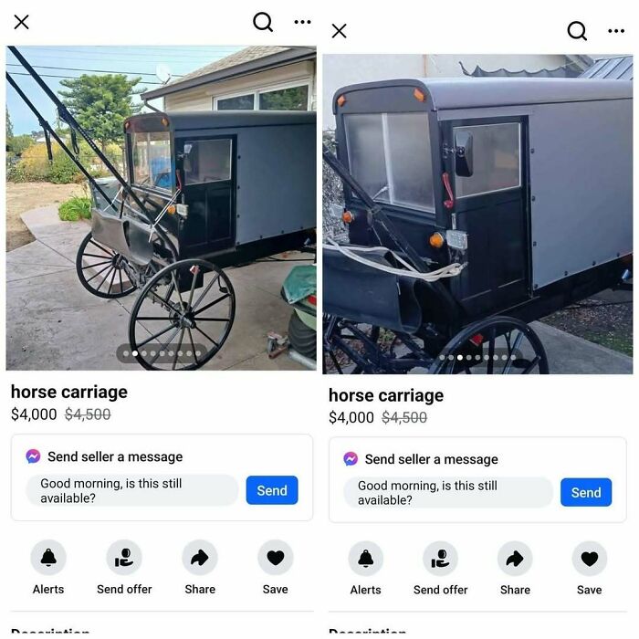 Horse carriage listed on Facebook Marketplace for $4,000, previously $4,500.