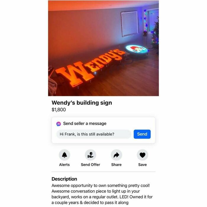 Facebook Marketplace ad featuring a Wendy's building sign for sale at $1,800.