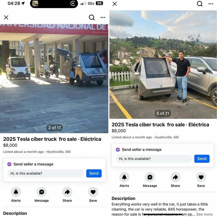 Facebook Marketplace ad showing a homemade "Tesla cyber truck" for sale in a parking lot.