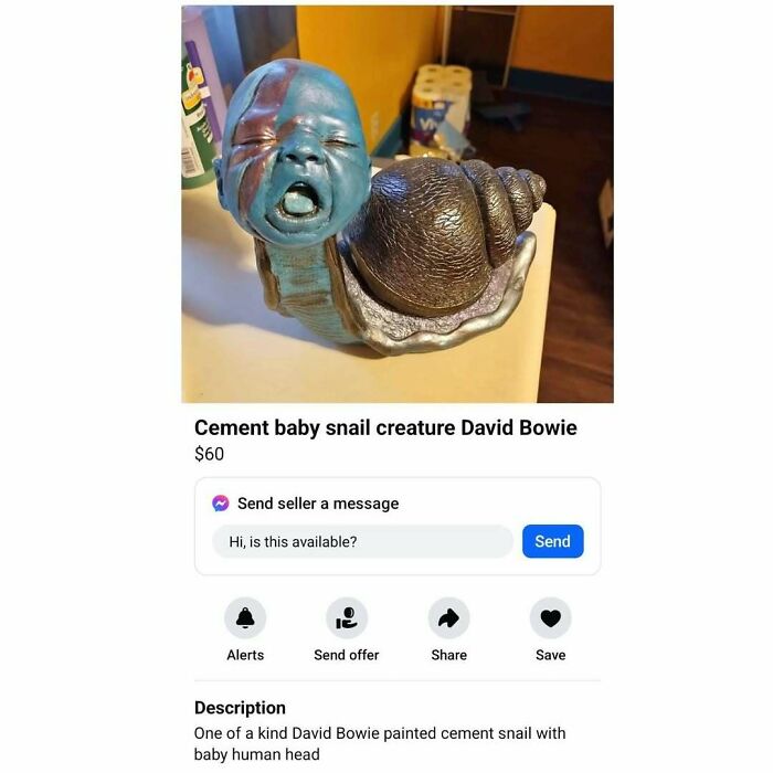 Cement baby snail sculpture with face paint, listed on Facebook Marketplace for $60.