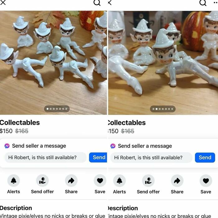 "Collection of vintage ceramic pixies listed on Facebook Marketplace ad."