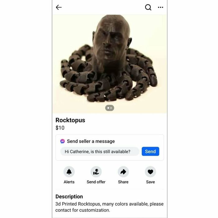 3D printed "Rocktopus" on Facebook Marketplace, featuring a head with octopus tentacles for $10.