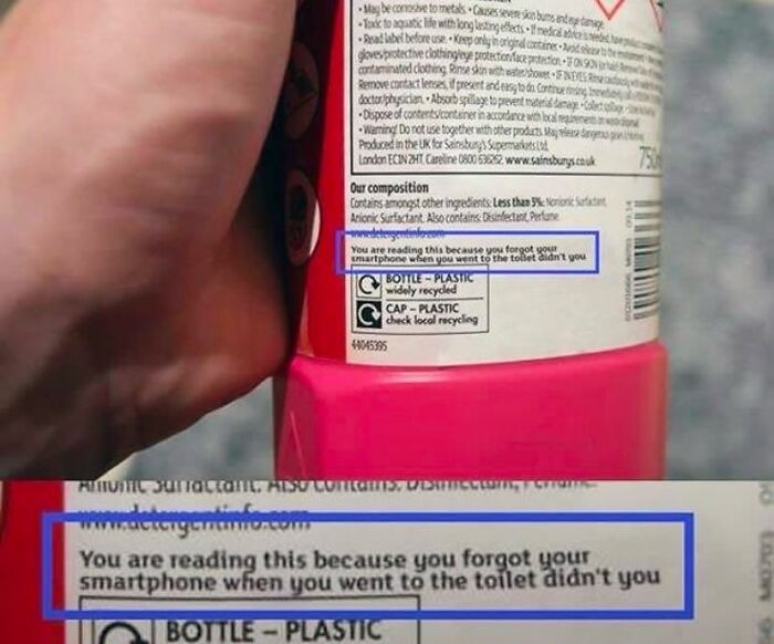 Label on a cleaning product bottle with humorous text about forgetting a smartphone, highlighting British humor.