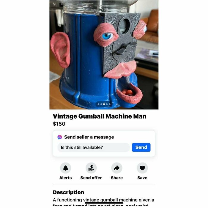 Vintage gumball machine with eyes and mouth, listed on Facebook Marketplace for $150.