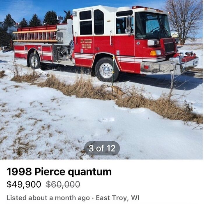 A red fire truck listed for sale on Facebook Marketplace; price reduced from $60,000 to $49,900.