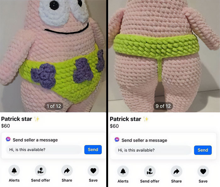 Handmade crochet plush toy listed on Facebook Marketplace for $60, featuring a whimsical design.