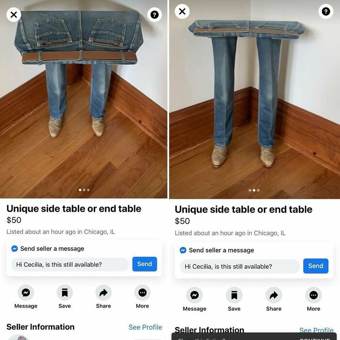 Unique side table made from jeans on Facebook Marketplace ad.