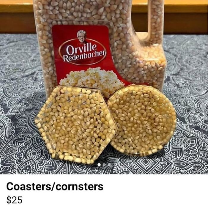 Popcorn coasters made from corn kernels displayed as a Facebook Marketplace ad.