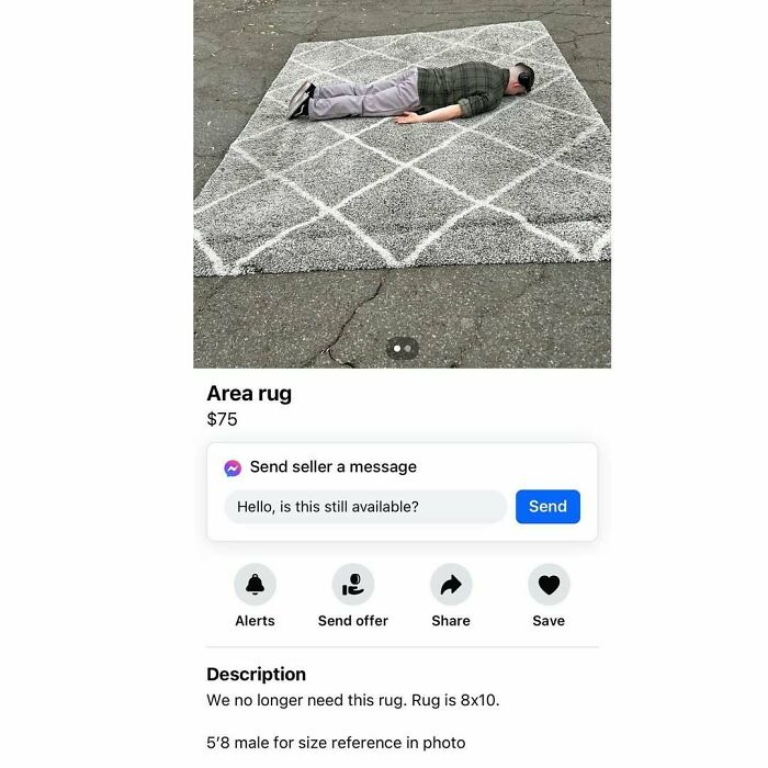 Facebook Marketplace ad for area rug with person lying on it for size comparison.