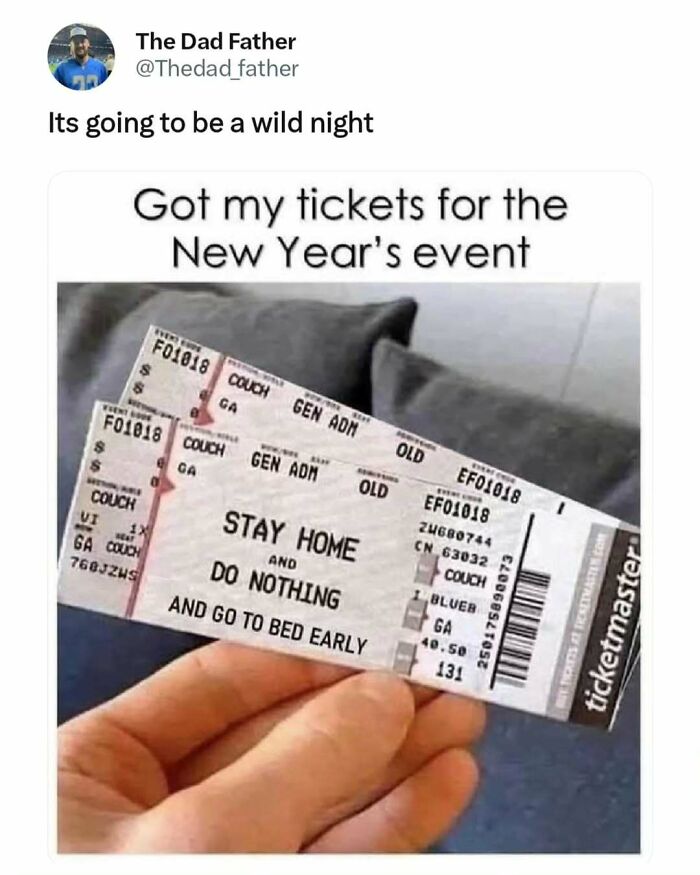 Dad humor meme with a joking New Year's ticket reading "Stay home and do nothing," representing dad struggles.