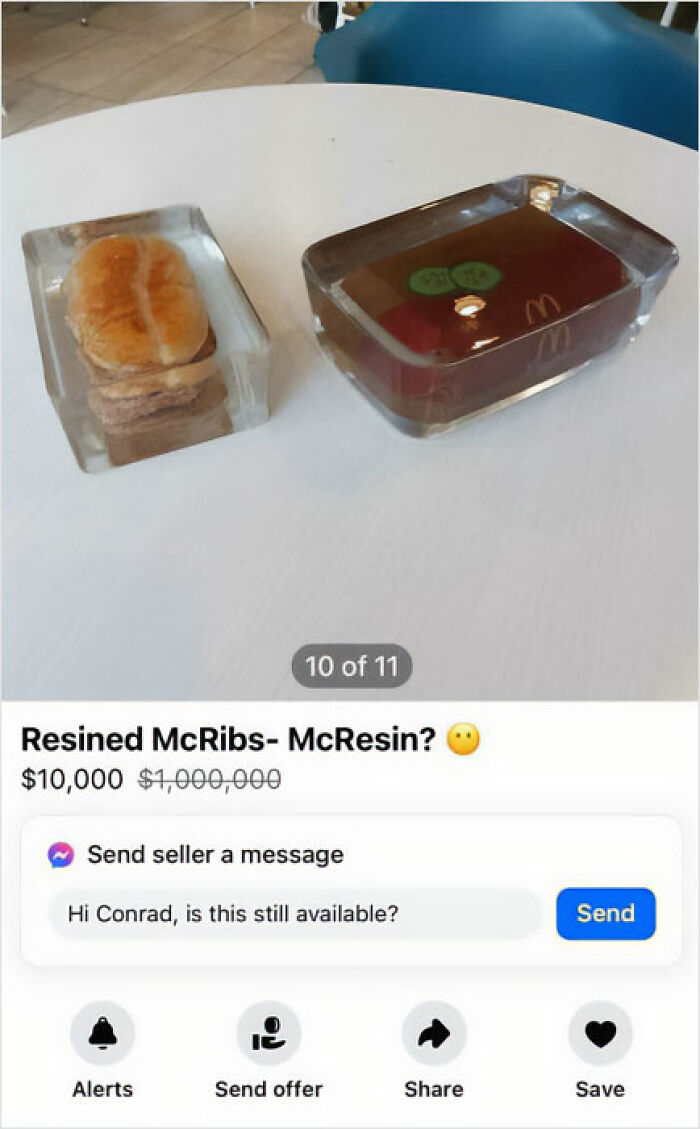 Delusional Facebook Marketplace ad showing resin-encased McRibs priced at $10,000 with chat options below.