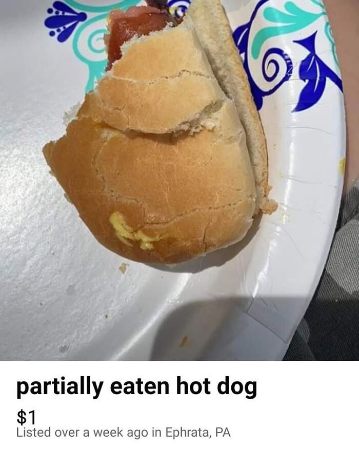 Partially eaten hot dog on a paper plate listed on Facebook Marketplace for $1 in Ephrata, PA.