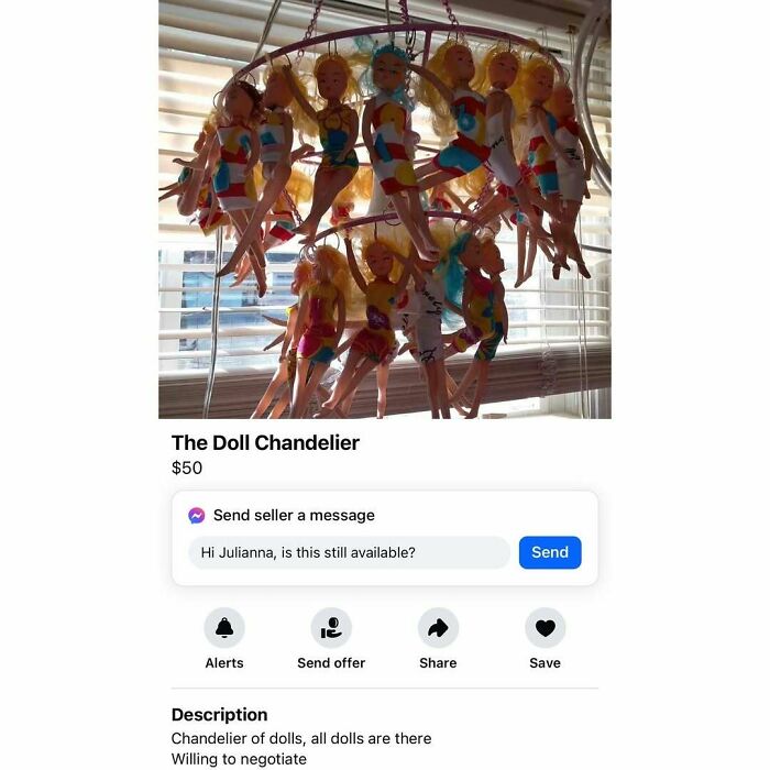 Doll chandelier listed on Facebook Marketplace ad, priced at $50, viewed in a window-lit room.