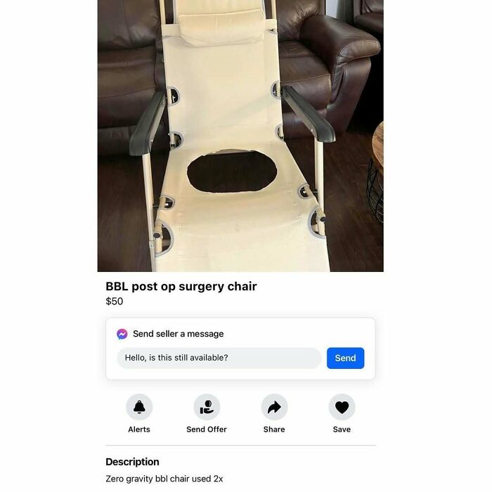 BBL post-op surgery chair for sale on Facebook Marketplace, priced at $50, featuring a cutout in the seat area.