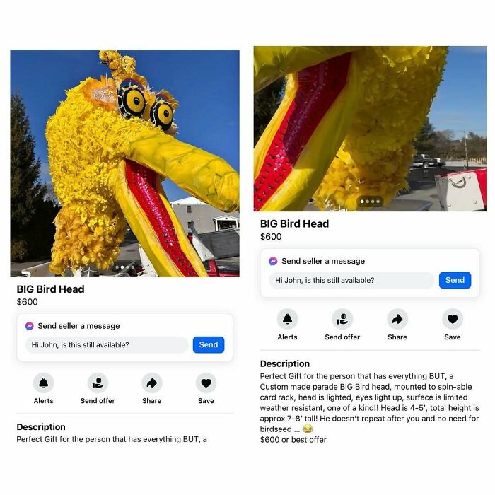 Yellow Big Bird head on Facebook Marketplace ad for $600, with description and messaging options visible.