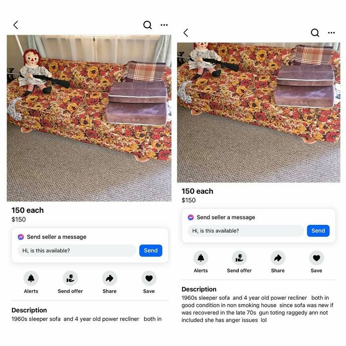 Floral 1960s sleeper sofa ad on Facebook Marketplace with stuffed doll on couch, described humorously.