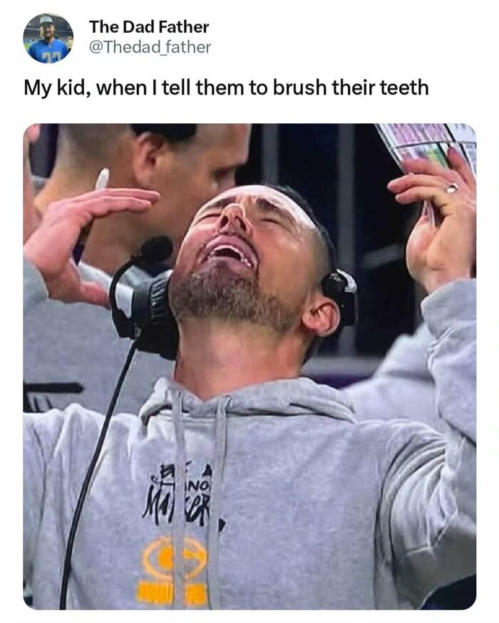 Dad in frustration, raising his head and hands, captures the daily joys and struggles with kids in a funny meme.