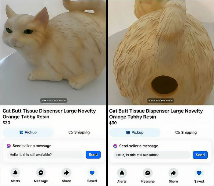 Novelty Facebook Marketplace ad for a cat-shaped tissue dispenser, priced at $30.