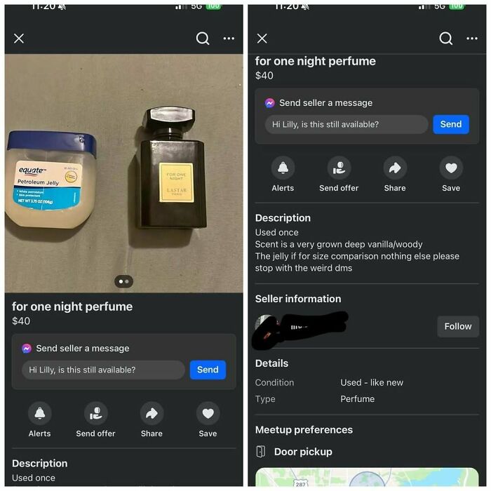Facebook Marketplace ad for "One Night Perfume" with an unusual description and price of $40.