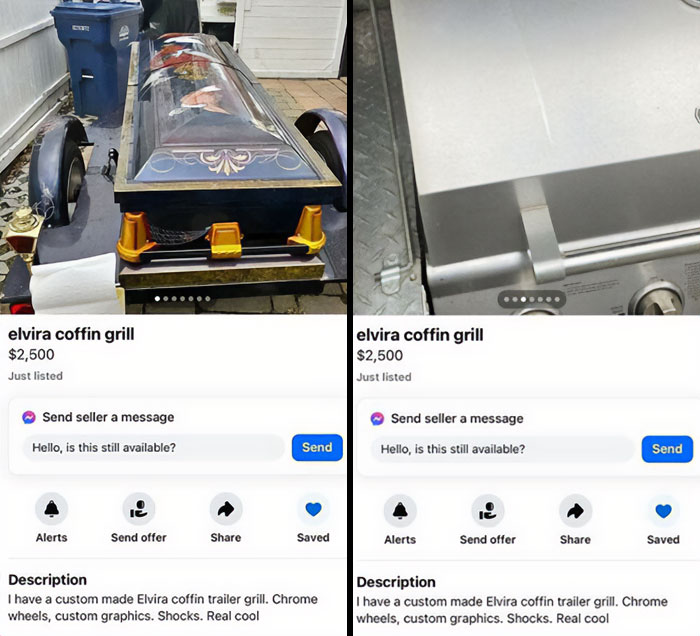 Facebook Marketplace ad showing an "Elvira coffin grill," priced at $2,500, with ornate design and chrome wheels.