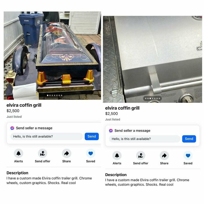 Facebook Marketplace ad showing an "Elvira coffin grill," priced at $2,500, with ornate design and chrome wheels.