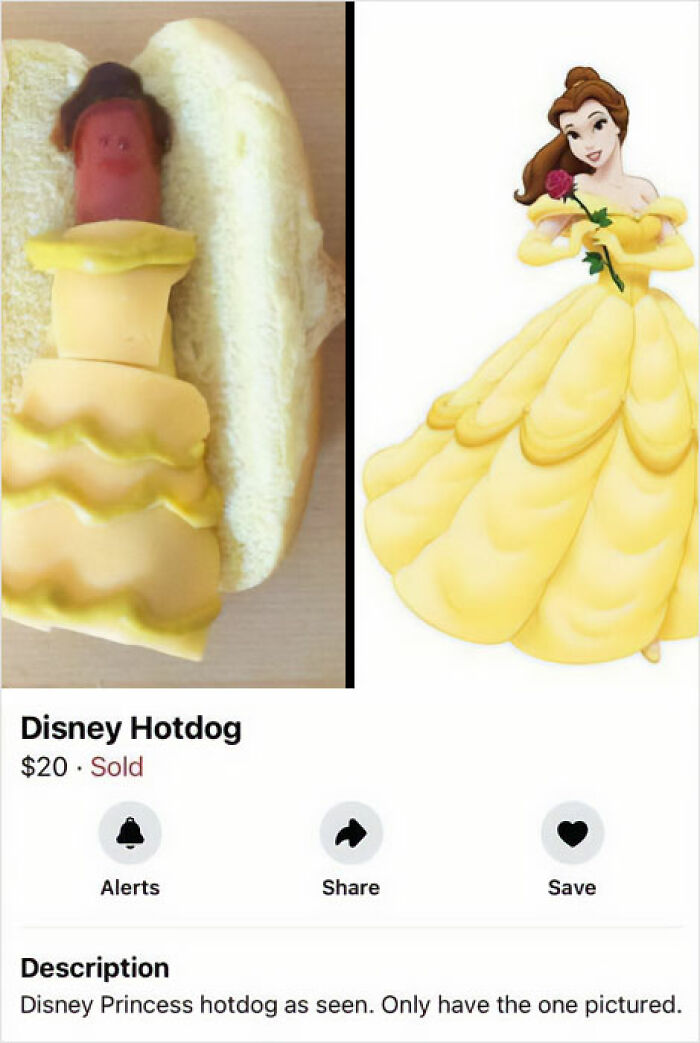 Delusional Facebook Marketplace ad for a $20 Disney Princess-themed hotdog resembling a character in a yellow dress.