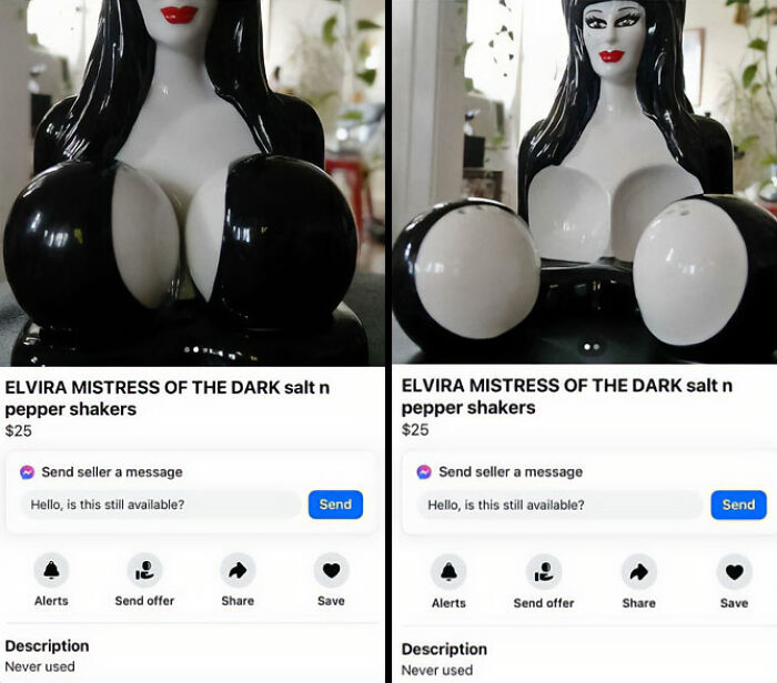 Facebook Marketplace ad for Elvira-themed salt and pepper shakers priced at $25.